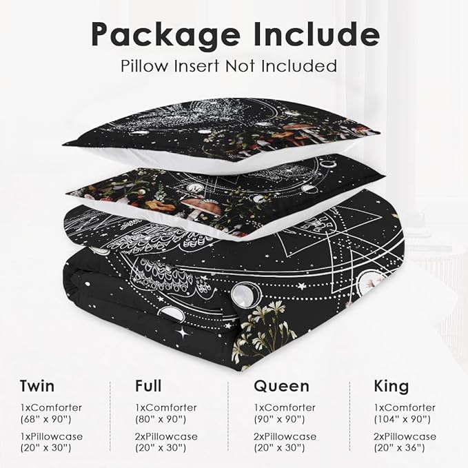 Twin Size Comforter Set with Pillowcase, Moth Dead Moon 2 Pcs Bedding for Kids and Adults, Vintage Mushroom Wildflower Soft Comforter Set for Bedroom Bed Decor