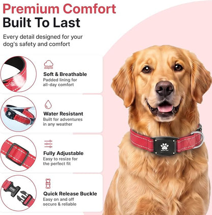 GPS Dog Collar Tracker 2-in-1,Reflective Waterproof Pet Collar,iOS-Only,No Monthly Fees,Unlimited Range,Dog Tracking Collar Pet Tracker,for Small Medium Large Dogs(L (16.5"-23.5"), Red)