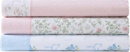 Laura Ashley - Full Sheet Set, Crisp & Cool Cotton Percale Bedding with Deep Pockets, Lightweight for Year Round Comfort, Bed Sheets with Matching Pillowcases (Floral Ribbon Blue)