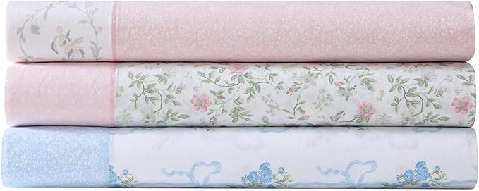 Laura Ashley - King Sheet Set, Crisp & Cool Cotton Percale Bedding with Deep Pockets, Lightweight for Year Round Comfort, Bed Sheets with Matching Pillowcases (Bonnie Pink/Beige)