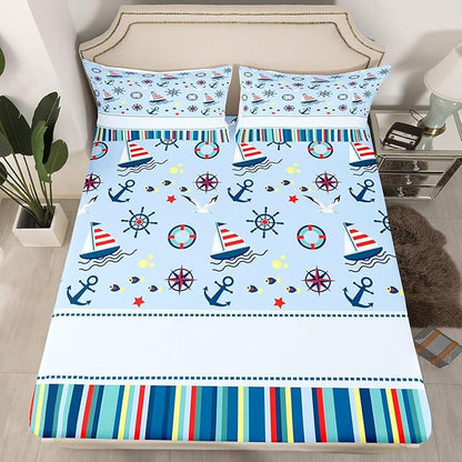 Nautical Anchor Bed Sheets Set Ocean Fish Seagull Blue Fitted Sheet Outdoor Adventure Bedding Set for Bedroom Decor Red Blue Stripes Sheet (King Flat Sheet & Fitted Sheet with 2 Pillow Case)
