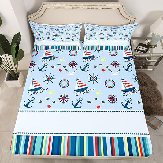 Nautical Anchor Bed Sheets Set Ocean Fish Seagull Blue Fitted Sheet Outdoor Adventure Bedding Set for Bedroom Decor Red Blue Stripes Sheet (King Flat Sheet & Fitted Sheet with 2 Pillow Case)