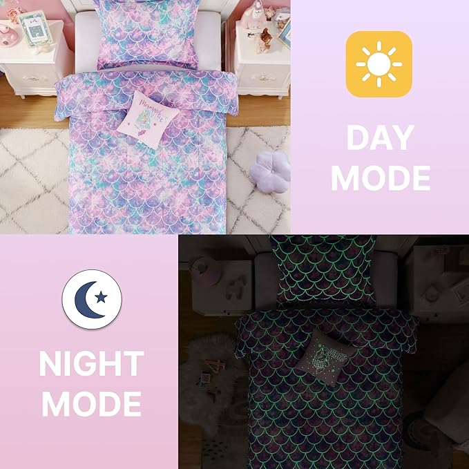Full Size Comforter Set for Girls-4 Pieces Mermaid Glow in the Dark Full Bedding Sets for Kids, 1 Comforter, 2 Shams and 1 Decor Pillow