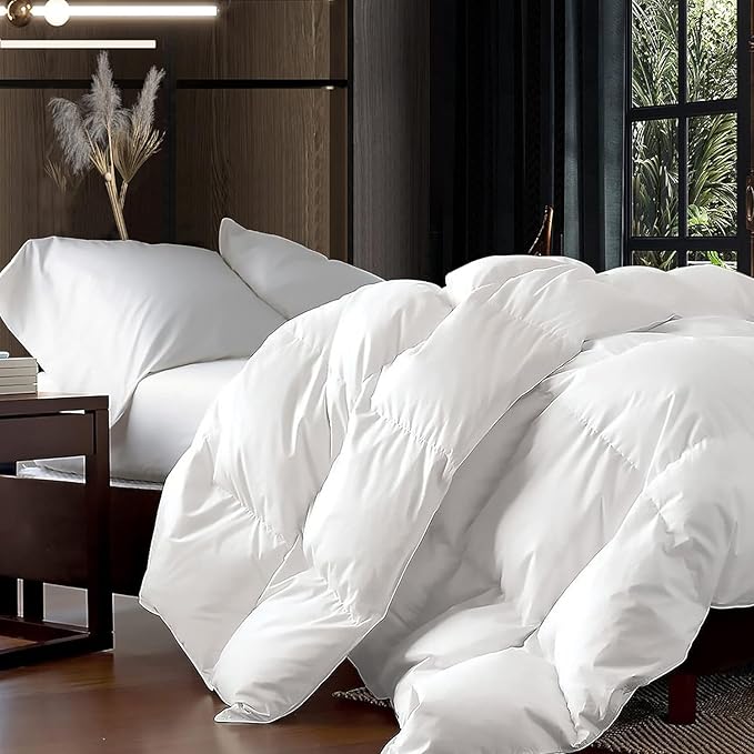 Luxurious Oversized Queen 98" x 98" Size Goose Down Fiber Waterfowl Feather Fiber Comforter Duvet, 100% Egyptian Cotton Cover, 56 oz. Fill Weight, Baffle Box Design, White Solid