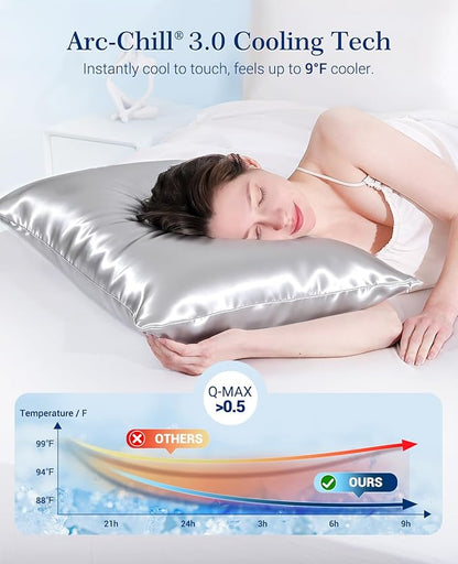 Elegear Cooling Pillow Cases for Hot Sleepers, Upgraded Arc-Chill Cooling Satin Pillowcase Q-max>0.5, Soft Silky Satin Pillowcase for Hair & Skin, Luxury Zipper Pillowcase Cover Set of 2-Standard,Gray
