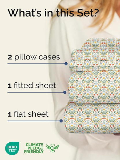 Floral Sheets - Flower Print Bed Sheet Set - 1 Flat, 1 Fitted & 2 Pillowcases w/ Deep Pockets - Comfy, Wrinkle & Fade Free - Boho Botanical Bedding - Soft, Breathable and Cooling - Cal King Size Set