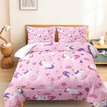 Unicorn 3 Piece Girl Bedding Set Pink Unicorn Bedding Set for Kids,Unicorn Comforter Set Girls Room Decor,Rainbow Clouds Star Quilt Set for Girls (1 Comforter 2 Pillowcase),All Seasons