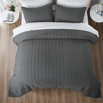 KASENTEX Oversized Queen Quilt Set 102"x106" – Soft Washed 3-Layer Lightweight Bedspread, Minimalist Nordic Design, All-Season Spring & Summer Quilt Set (1 Quilt + 2 Pillow Shams), Dark Grey