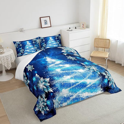 Feelyou Blue Christmas Comforter Set Queen Size Christmas Tree Bedding Set Glitter Snowflake Comforter Microfiber Kids Adults Holiday Winter Duvet Quilt Xmas Room Decor