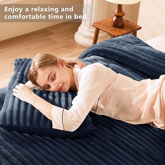 CozyLux Fluffy King Size Comforter Set - Super Soft Faux Fur Navy Blue Comforter King Size, Winter Warm Fleece Bedding Set, 3 Pieces Plush Fuzzy Bed Set (1 Shaggy Comforter, 2 Pillowcases)