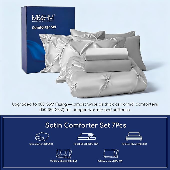 MR&HM Satin Comforter King 7 Pieces - Luxurious Pinch Pleat Bedding Set with Comforter, Flat Sheet, Fitted Sheet, Pillowcases & Shams, Super Silky Soft Bed Set for All Season (King, Silver Grey)