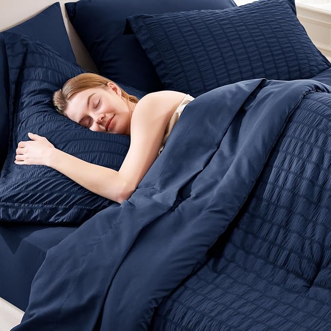 CozyLux Full Size Comforter Sets with Sheets 7 Pieces, Navy Blue Seersucker Bed in a Bag Textured Luxury Soft Bedding Sets with Down Alternative Comforter, Sheets, Pillowcases & Shams for All Seasons