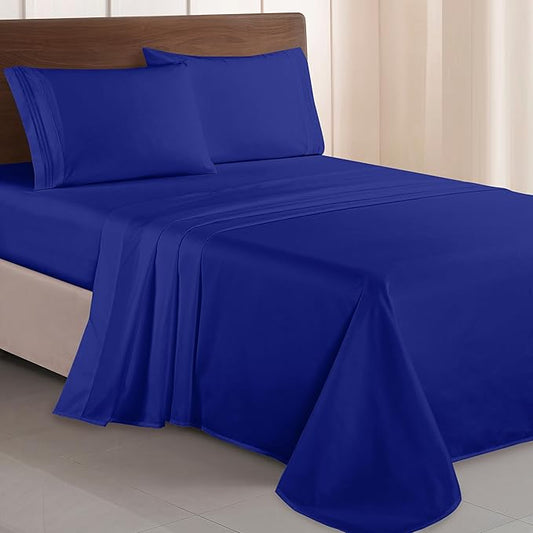 Elegant Comfort Luxurious 1500 Premium Hotel Quality Microfiber Three Line Embroidered Softest 4-Piece Bed Sheet Set, Wrinkle and Fade Resistant, King, Royal Blue