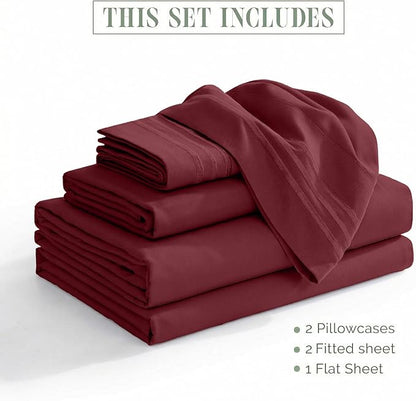 Elegant Comfort Luxurious 1500 Premium Hotel Quality Microfiber Three Line Embroidered Softest 5-Piece Bed Sheet Set, Wrinkle and Fade Resistant, Split King, Burgundy
