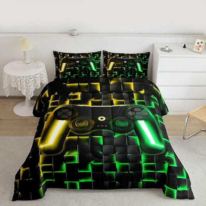 Erosebridal Gaming Queen Bedding Sets for Kids Boys Gamer Comforter Set 3D Neon Lights Ombre Geometric Checkered Gamepad Quilt Comforter Lightweight Gamer Bed Duvet Set for All Season,Green Gold