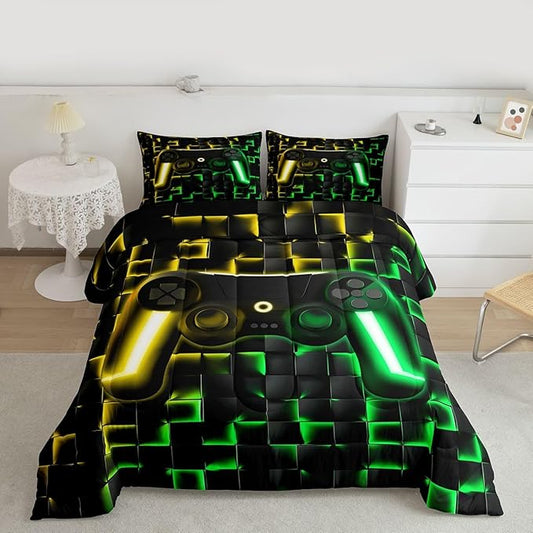 Erosebridal Gaming Queen Bedding Sets for Kids Boys Gamer Comforter Set 3D Neon Lights Ombre Geometric Checkered Gamepad Quilt Comforter Lightweight Gamer Bed Duvet Set for All Season,Green Gold