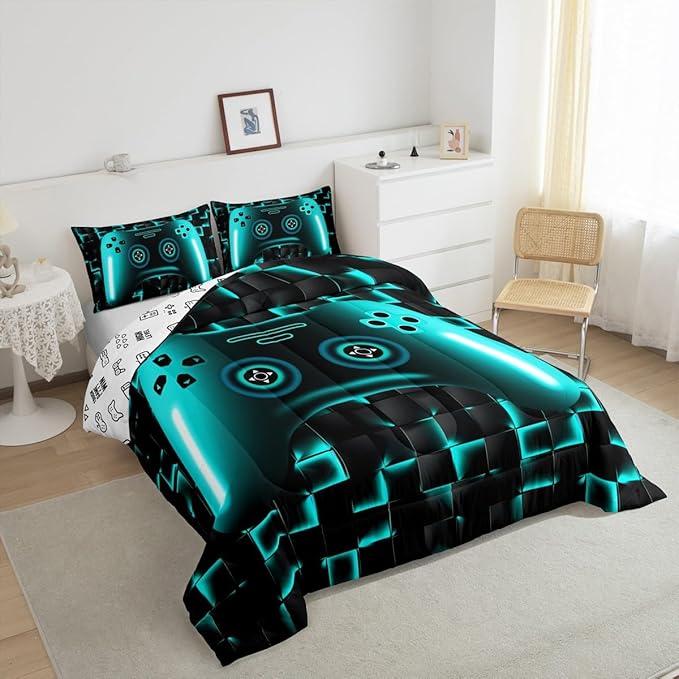 Erosebridal Boys Gaming Queen Size Bedding Set for Kids Gamer Comforter Sets for Teen Boys Game Controller Bedroom Decor,Neon Teal Glowing Geometric Grid Bedding,Black Abstract Check Square Comforter