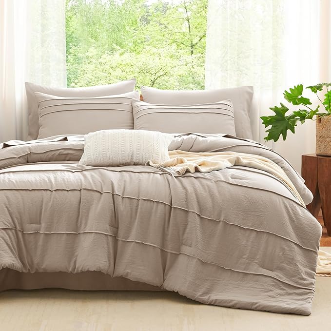 CozyLux King Size Comforter Set Wheat, 7 Pieces Soft Pinch Pleat Bed in a Bag King Comforter Set with Sheets, Boho Bed Set with Down Alternative Comforter, Sheets, Pillowcases & Shams