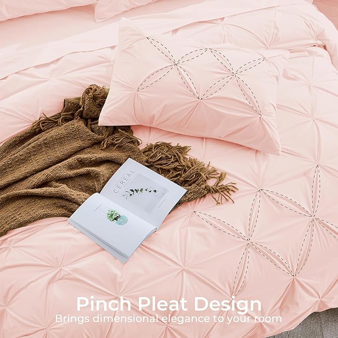 Sasttie Full Size Comforter Set, 7-Piece Bed in a Bag, Pintuck Bedding Set for All Season, Includes Comforter, Flat Sheet, Fitted Sheet, Pillowcases and Pillowshams, Blush Pink