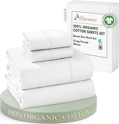 RUVANTI 100% Organic Cotton Sheets Queen Size, Percale Weave, GOTS Certified, 4-Piece Set, Deep Pocket 15", Crisp & Breathable, Soft Durable Bedding, Sábanas Algodón Orgánico – Bright White