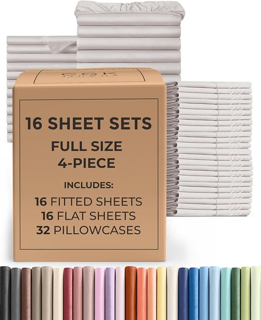 Bulk Case Pack of 16 Sheet Sets - (16) Complete Full Size Sheet Sets with Deep Pockets - Wholesale Bulk Bedding for Hotels, Spas & Airbnbs - Breathable, Cooling and Wrinkle Free - (Full, Light Grey)