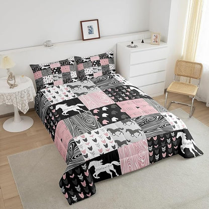 Girls Unicorn Comforter King Girly White Horse Bedding Western Cowboy Cowgirls Quilt Patchwork Buffalo Plaid Duvet Insert Arrow Stripes Wild Animal Soft Down Comforter 3Pcs Bedroom Decor,Pink Black