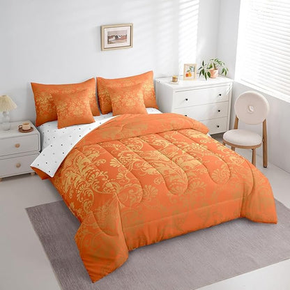 Erosebridal Gothic Damask Bed in a Bag King Size Comforter Set 7 Pieces,Exotic Moth Bedding Sets Orange and Yellow Victorian Floral Goth Sheet Set with Comforter