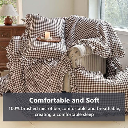 NSNLGSGC Mocha Ruffle Gingham Comforter Set Twin, Pre-Washed Ruffled Coffee Plaid Checked Comforter Bedding, 2 Pieces Vintage Farmhouse Grid Bedding Set(Mocha Gingham, Twin)