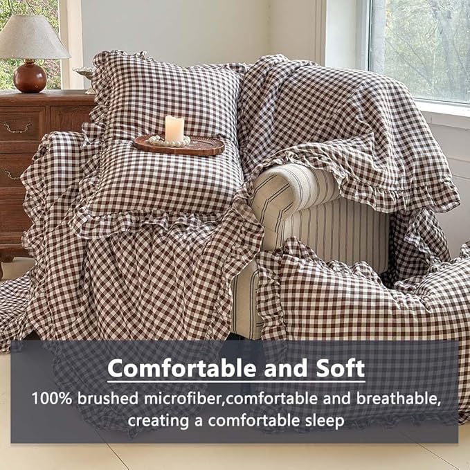 NSNLGSGC Mocha Ruffle Gingham Comforter Set Queen, Pre-Washed Ruffled Coffee Plaid Checked Comforter Bedding, 3 Pieces Vintage Farmhouse Grid Bedding Set(Mocha Gingham, Queen)