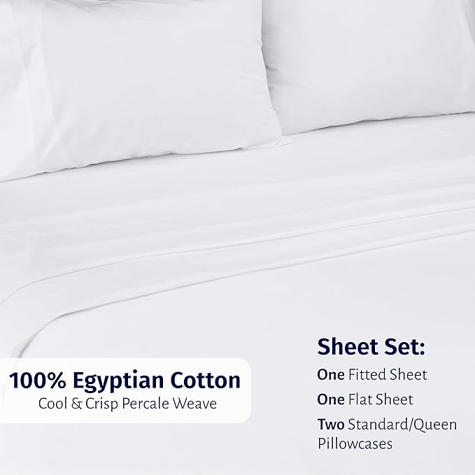 California Design Den Certified 100% Egyptian Cotton Sheets Queen Size Bed Set - Lightweight & Crisp Percale Queen Sheet Set Deep Pocket, Durable Luxury Bedding - White
