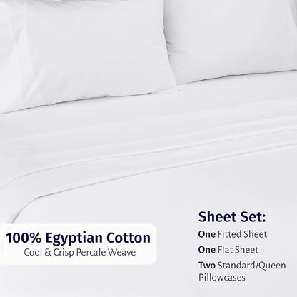California Design Den Certified 100% Egyptian Cotton Sheets Queen Size Bed Set - Lightweight & Crisp Percale Queen Sheet Set Deep Pocket, Durable Luxury Bedding - White