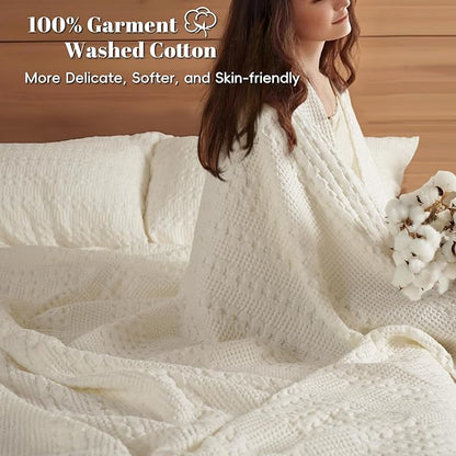 PHF 100% Cotton Waffle Weave Blanket Queen Size for Bed, Soft Lightweight & Breathable for Spring and Summer, All-Season Comfort, Luxury Aesthetic Blanket for Home Decor, 90"x90", Ivory