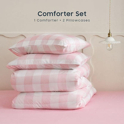 Wake In Cloud - Gingham Comforter Set, Plaid Buffalo Check Checkered Cottagecore Cute Geometric, Soft Lightweight Bedding, 3 Pieces, Pink, Queen Size