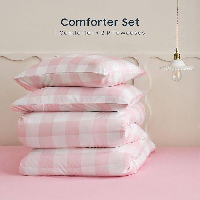 Wake In Cloud - Gingham Comforter Set, Plaid Buffalo Check Checkered Cottagecore Cute Geometric, Soft Lightweight Bedding, 3 Pieces, Pink, Full Size
