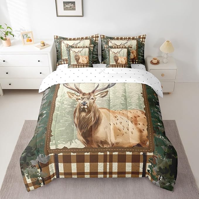 Erosebridal Elk Deer Comforter Set 7 Piece Bed in a Bag Twin,Woodland Animals Bedding Sets Ombre Camouflage Sheet Set with Comforter