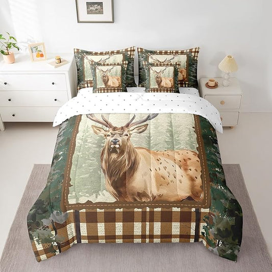 Erosebridal Elk Deer Comforter Set 7 Piece Bed in a Bag Twin,Woodland Animals Bedding Sets Ombre Camouflage Sheet Set with Comforter