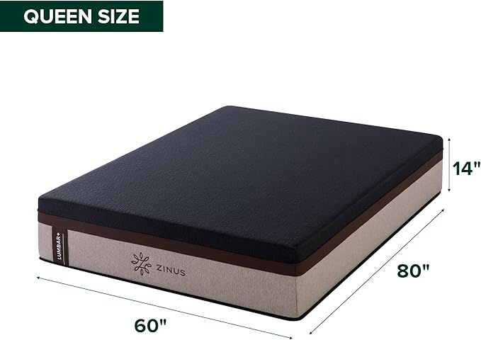 Zinus Lumbar+ Premium 14 Inch Memory Foam Mattress, Lumbar Support, Targeted Pressure Relief, Cooling Gel and Green Tea, Cool-to-The-Touch Cover, Medium Firm Feel, CertiPUR US Certified, Queen