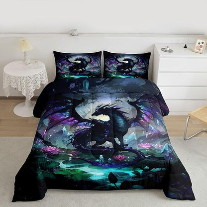 Feelyou Dragon Comforter Set King Size Dragon Stuff Bedding Set for Kids Boys Girls Wild Life Duvet Quilt Magic Wildlife Bedroom Decor Black Purplish 3 Pcs with 2 Pillow Cases