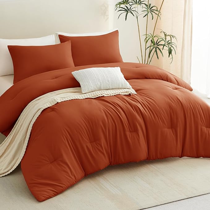 CozyLux Full Size Comforter Set Terracotta, 3 Pieces Burnt Orange Rust Solid Breathable Fall Bedding Sets, Luxury Lightweight Soft Bed Set with Down Alternative Comforter and 2 Pillowcases All Season