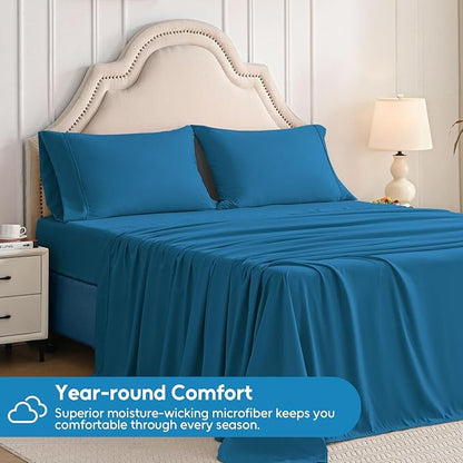 Full Size Bed Sheets Set, 4 Pieces Hotel Luxury Soft Microfiber Bed Sheets Set, Up to 16" Deep Pockets, Oeko-Tex Sheets with Elastic, Breathable, Wrinkle Free (Peacock Blue,Full)