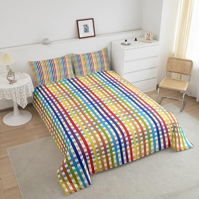 Manfei Colorful Plaid Bedding Set Full Size Buffalo Check Plaid Comforter Classic Gingham Pattern Comforter Set Cartoon Stripes Geometric Duvet Set 3Pcs Quilt Set 1 Comforter Set with 2 Pillowcase
