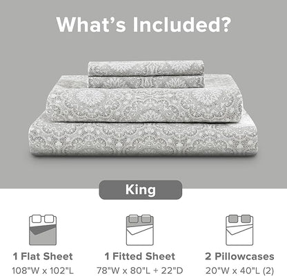 Comfort Spaces Extra Deep Pocket, 100% Cotton King Fits up to 24" Mattress, Breathable, Naturally Cool, Soft, All Seasons Sheet Set, Adelia Grey 4 Piece