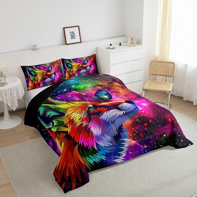 Fox Print Bedding Set Twin Cartoon Fox Butterfly Comforter Set for Kid Girl Boys,3D Animal Theme Colorful Galaxy Painting Quilt Duvet,Starry Sky Down Comforter Home Room Decor with 1 Pillowcase