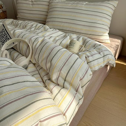 EAVD Vintage Colorful Striped Comforter Set Queen Soft Cotton 3-Piece Retro Vertical Striped Bedding Set with 2 Pillowcases Boho Geometric Comforter Set for All-Season(Green&Yellow&Brown, Queen)