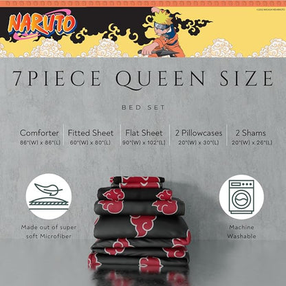 Collectibles Naruto Anime Akatsuki Bedding 7 Piece Super Soft Reversible Comforter and Sheet Set with Sham, Queen, (Officially Licensed Product) By Franco