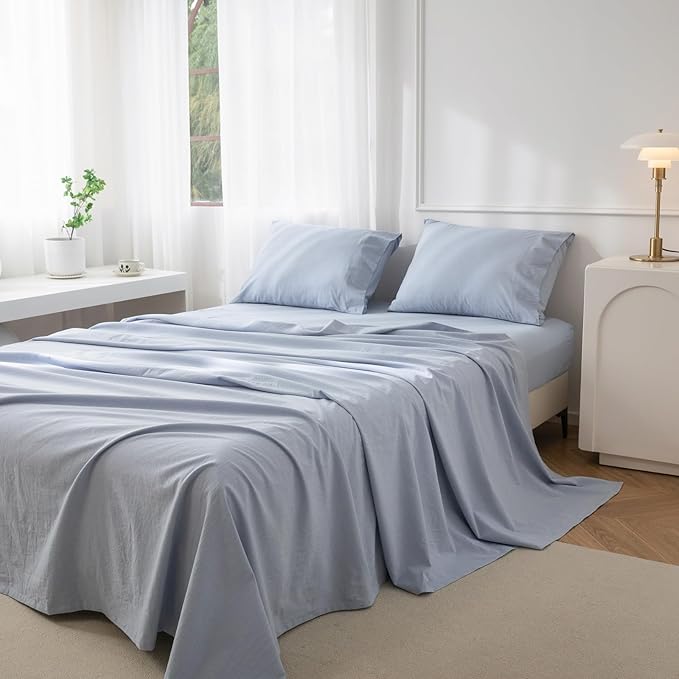 JIYUAN Twin Size Sheet Set, 3-Piece - 100% Washed Cotton, Linen-Like Soft & Breathable, Includes Deep Pocket Fitted & Flat Sheet with 1 Pillowcases, Hotel Quality, Heathered Light Blue