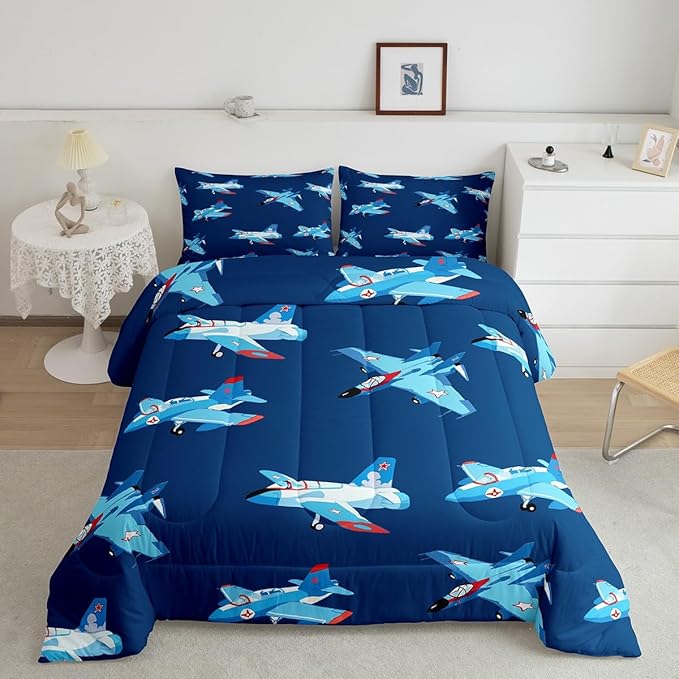 Castle Fairy Kids Aircraft Comforter Set for Kids,Cartoon Transportation Vehicles Bedding Sets Teens Cute Room Decor,Boys Airplane Navy Blue Duvet Set Quilt Set Twin 1 Comforter with 1 Pillow Case