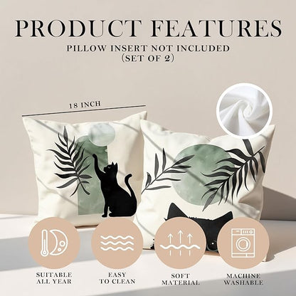 Sage Green Cat Throw Pillow Covers 18x18 Set of 2, for Cat Lovers,Boho Black Cat Pillowcases, Aesthetic Green and Black Decor for Dorm Bedroom Office