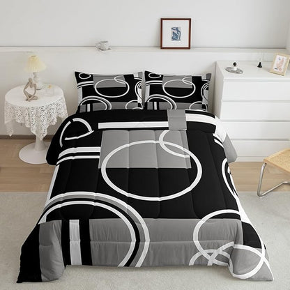 Erosebridal Modern Grey Black Striped Comforter Set Geometric Down Comforter Queen Size Retro Circle Swirls Bedding Set Bedroom Decor Abstract Texture Color Art Comforter for Kids Adult