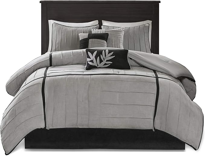 Madison Park Cozy Comforter Set Casual Blocks Design All Season, Matching Bed Skirt, Decorative Pillows, Queen(90"x90"), Dune Suede, Black Grey, 7 Piece